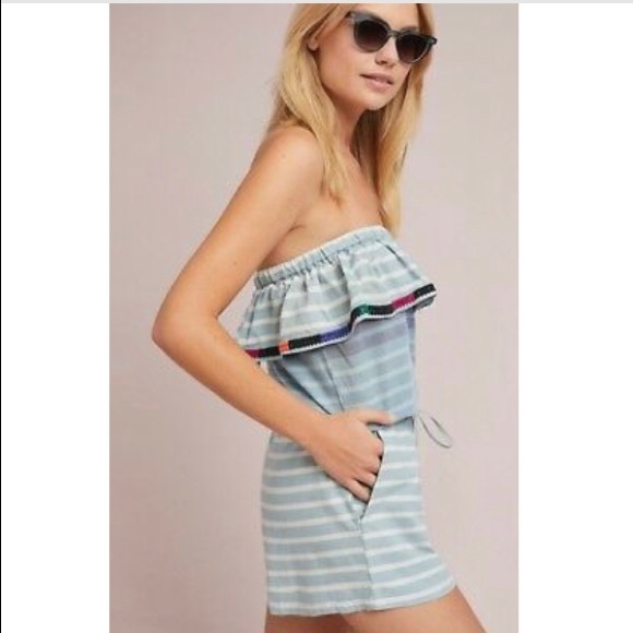 Anthropologie Pants - Anthro Kopal strapless striped romper w/pompoms